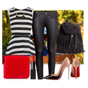 Oasis Stripe Peplum Top - £28 - JOHNLEWIS.COM Ankle Jeans - £25 - HM.COM Fringed Backpack - £30 - HM.COM Christian Louboutin So Kate Shoes - £475 - CHRISTIANLOUBOUTIN.COM Christian Louboutin Panettone Spikes Wallet - £350 - CHRISTIANLOUBOUTIN.COM Nars Audacious Lipstick Lana Vivid Orange Red - £24 - LIBERTY.CO.UK George & Laurel Yuba Necklace - £56 - BLUEFLY.COM 